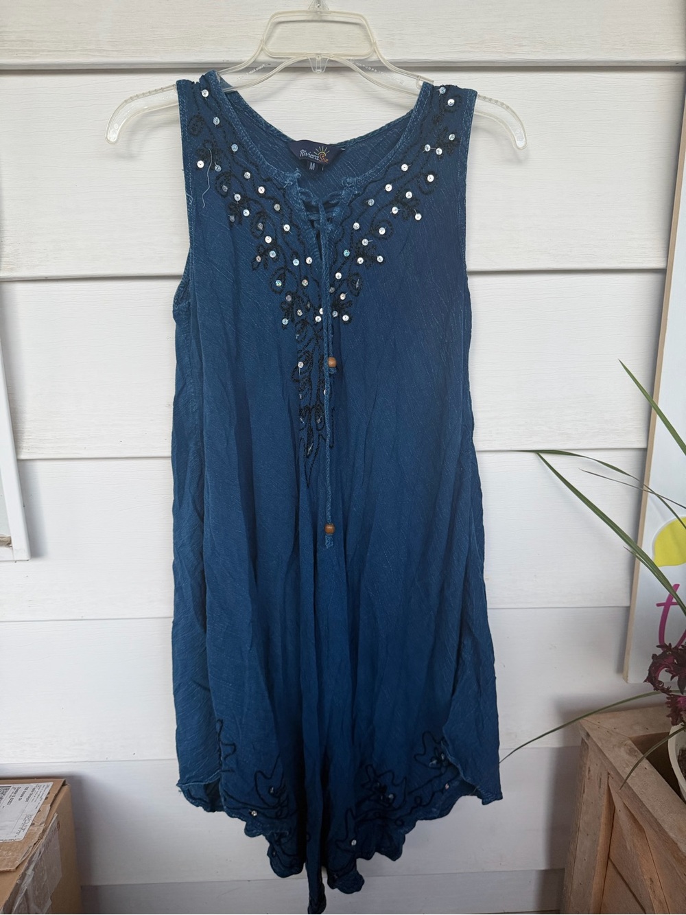 Riviera Sun Blue Boho Sequin Embroidered Tunic Mini Dress Medium